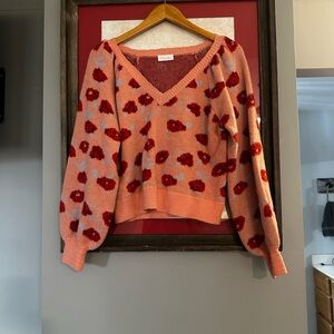 Pink Lily Peach and Red Floral V-Neck Sweater